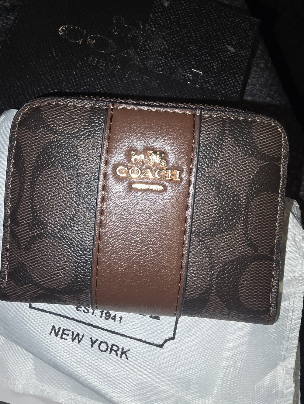 COACH Brown Signature Leather Small Wallet Box And Dustbag